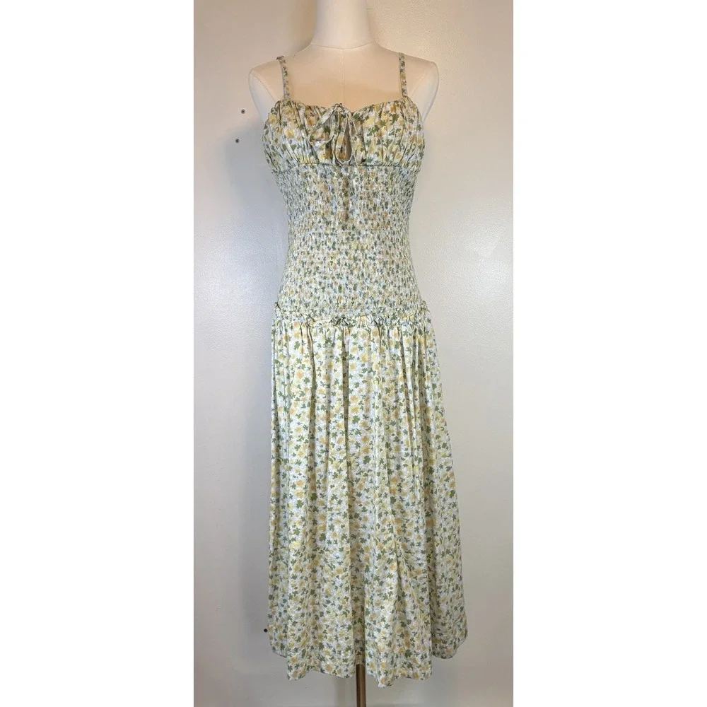 Free People Women's Green Combo Floral Drop Waist Midi Dress Cotton Sz Med NWOT